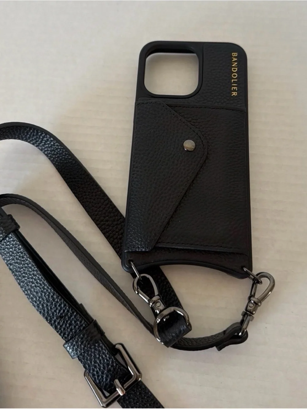 BANDOLIER Black Leather iPhone 15 Pro Max Phone Case with Strap